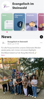 Bildschirmansicht der App Churchpool für die Steinwaldregion
